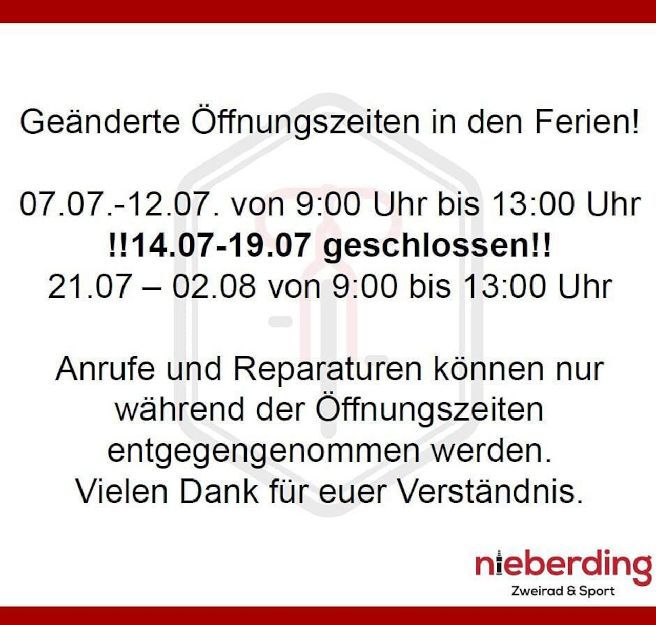 Ferienzeit - Öffnungszeiten